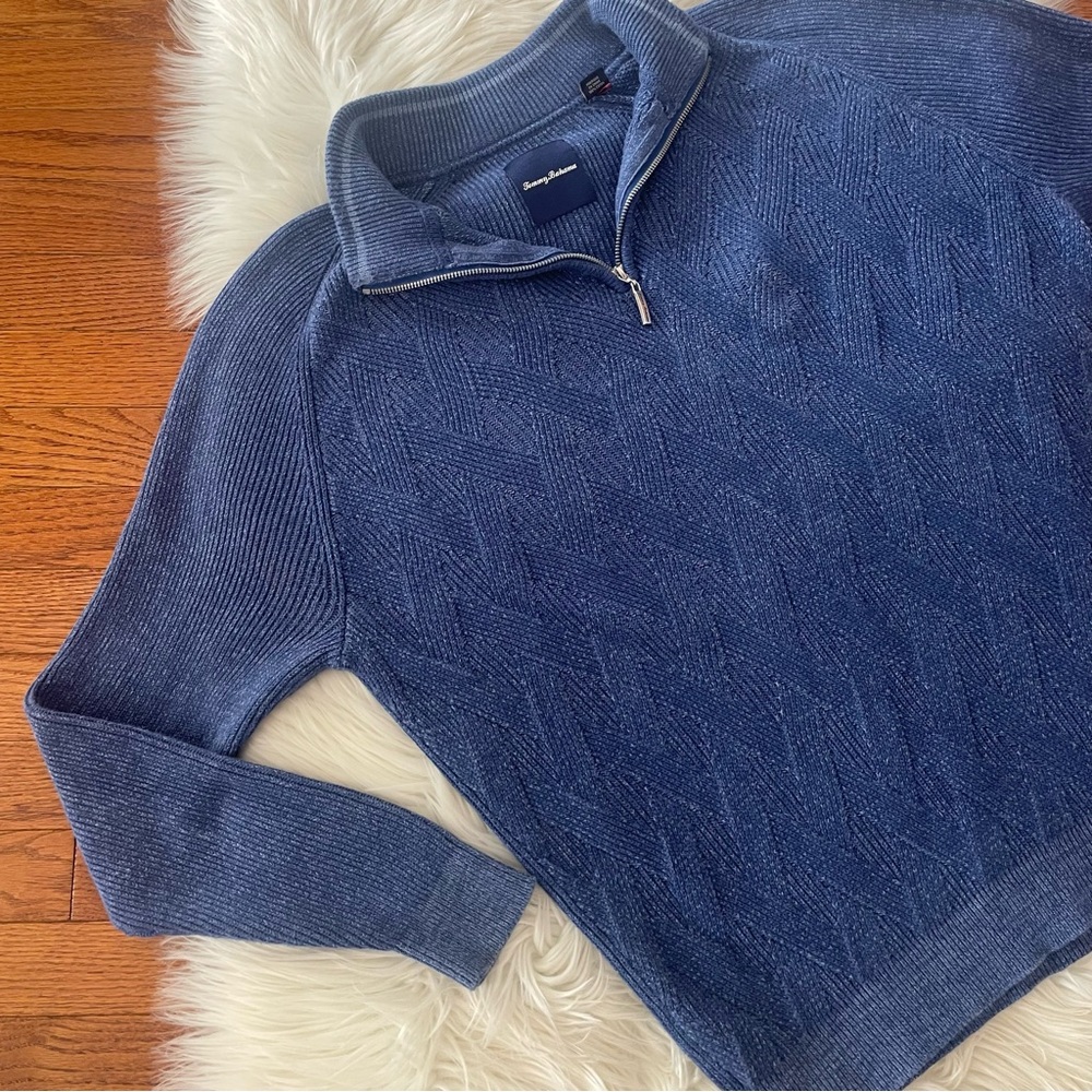 Tommy Bahama 100% Cotton Partial Zip Pullover Blue Sweater Size XL Long Sleeve